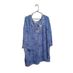 Blair 3/4 Bell Sleeve Blouse Paisly Print With Sequences Size 2XL Blue 28" L